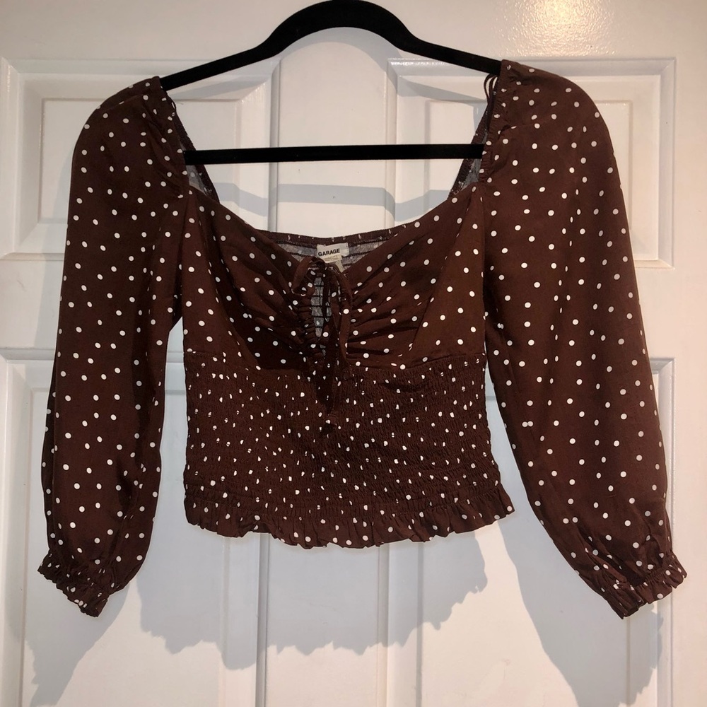 BNWT Garage Brown Polka Dot Women's Bubble Sleeve Blouse Top - XS - Picture 2 of 12